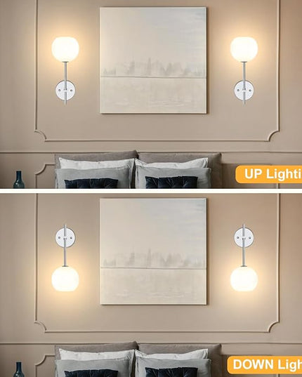Chrome Battery Operated Wall Sconces Set of 2, Rechargeable Wireless Wall Lights with Milky White Frosted Glass Shade, 12 RGB and 3CCT Dimmable, Wall Lamps with Remote for Bedroom Living Room Hallway