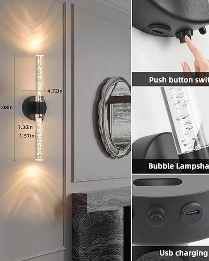 Battery Operated Wall Sconces Set of 2, Black 20'' Rechargeable Crystal Bubble Wall Sconce with Remote Control, 3000K-6000K Dimmable LED Wireless Wall Lights for Living Room Bedroom Bathroom Hallway