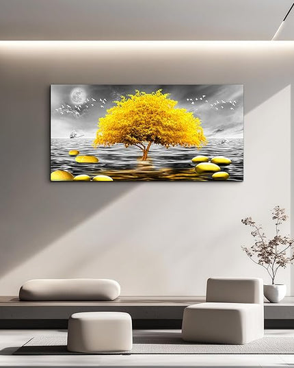 hyidecorart Canvas Wall Art 30"X60" - Black And White Ocean Scenery & Yellow Tree Art Print, Large Wall Decor Posters Abstract Pictures for Living Room, Bedroom, Office Modern Home Decor