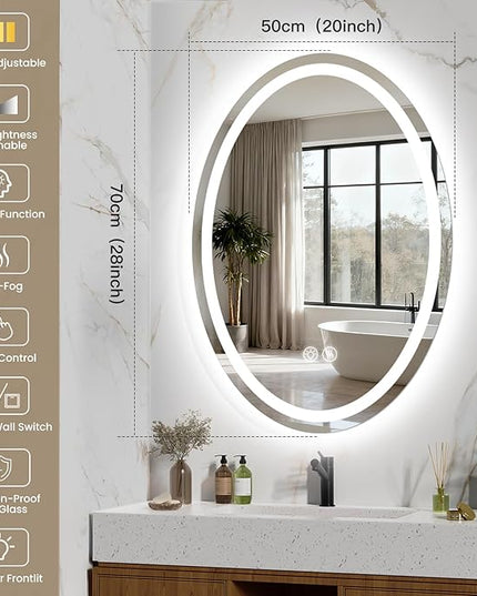 28''x20'' Oval LED Bathroom Mirror with Lights, Anti-Fog, 3 Colors Temperature & Dimmable, Lighted Mirrors for Bathroom Wall with Memory Function