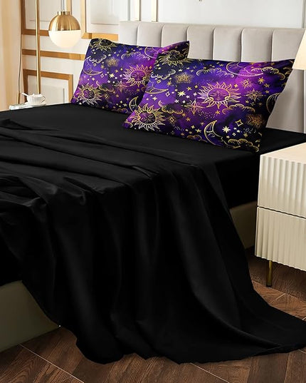 Merryword 8 Pieces Universe Bed in a Bag Sun and Moon Comforter Set Queen Size Galaxy Bedding Purple Gold Moon Star Pattern Bohemian Gothic Comforter Set for Boys Girls Women