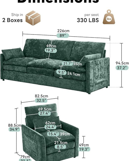 Tbfit Living Room Furniture Set, Standard Sofa & Accent Chair, Modern Comfy Cloud Sofa Set, Spring Seat Cushions, Chenille Fabric, Green