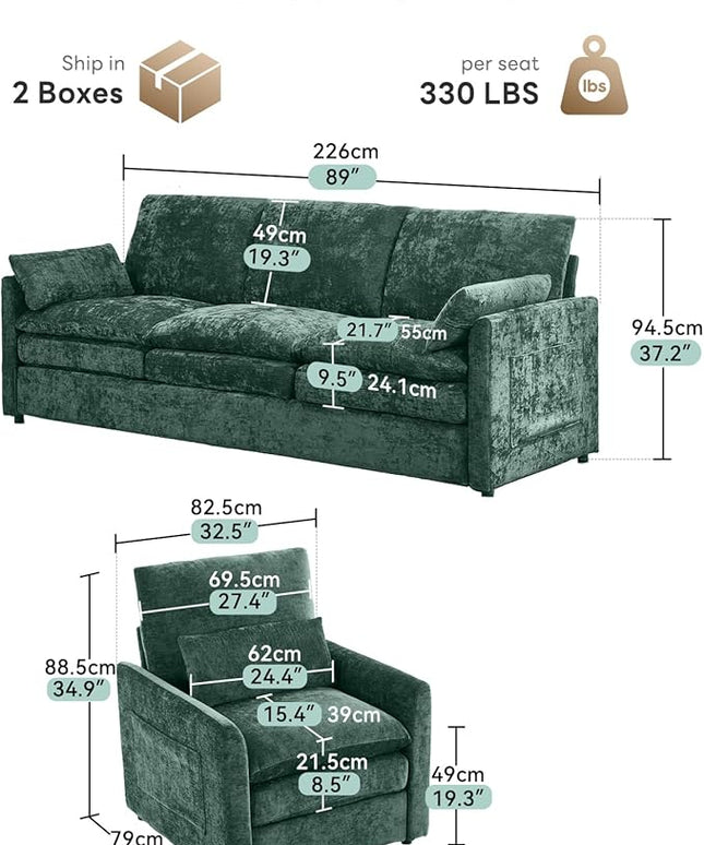 Tbfit Living Room Furniture Set, Standard Sofa & Accent Chair, Modern Comfy Cloud Sofa Set, Spring Seat Cushions, Chenille Fabric, Green