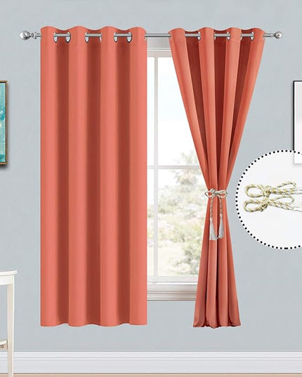 Yakamok Coral Orange Room Darkening Blackout Curtains Thermal Insulated Drapes Solid Grommet Top Window Curtain Panels for Girls' Bedroom, 2 Tie Backs Included(52x63 Inch, Coral Orange, One Pair)