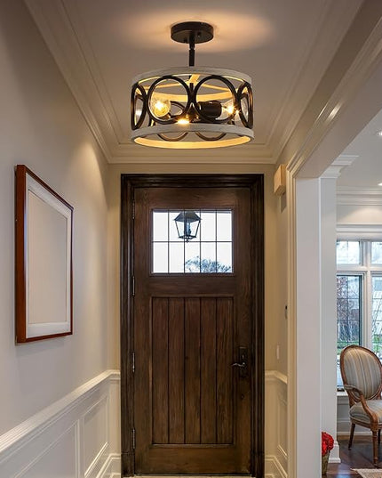Farmhouse Semi Flush Mount Ceiling Light,3-Light Industry Oak White Sloped Ceiling Light Fixtures D13 Inches Rustic Metal Light Fixture for Entryway Foyer Hallway Kitchen Dining Room