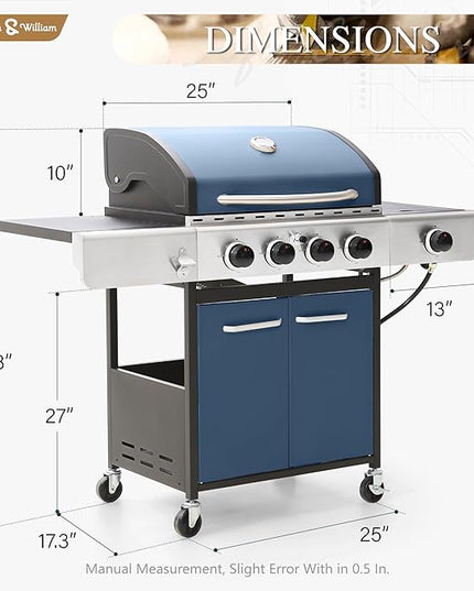 Sophia & William 4-Burner Gas BBQ Grill with Side Burner and Porcelain-Enameled Cast Iron Grates, 42,000BTU Propane Grills Outdoor Cooking Barbecue Cabinet Style, Blue