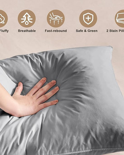 BHZ Grey Satin Goose Down Feather Pillows King Size Set of 2 with Satin Pillowcase for Hair and Skin, Cooling Pillow Cases Similar to Silk Pillow Cases, Decorative for Women, Mom Men