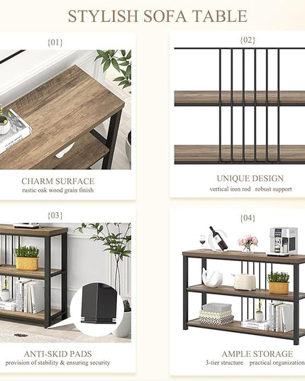 FOLUBAN Modern Sofa Table for Entryway, 3 Tier Narrow Console Table for Living Room Hallway Behind Couch, Rustic Oak