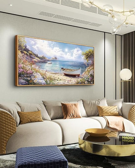 QIYILEXWART Wood Farmed Canvas Wall Art For Living Room Wall Decor For Bedroom Office Wall Decoration The Sea Boat Landscape Painting Farmhouse Pictures Artwork Room Aesthetic Home Decor 20x40 In