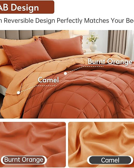 MUXHOMO 7 Pieces King Comforter Set, Reversible Bed in a Bag King Size, All Season Bedding Set with Comforter, Flat Sheet, Fitted Sheet, Pillowcases & Shams, Burnt Orange & Camel