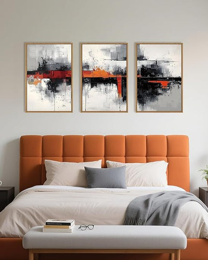 HOURIA Modern Abstract Framed Canvas Wall Art Set,Neutral Black and Orange Wall Decor,Textured Gray White Wall Painting,Pastel Strokes Art Prints for Living Room, Bedroom, Farmhouse-16 x24 x3