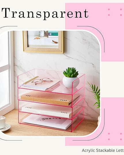 Harloon 4 Tier Acrylic Paper Tray 12.4 x 8.7 x 2.7 Inches Stackable Letter Clear Organizer No Need to Assemble Acrylic Paper Organizer File Tray for Office Workspace Desktop Storage(Transparent Pink)