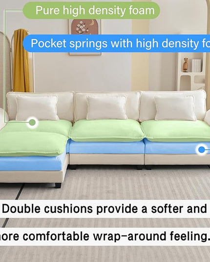 120" Modular Sectional Sofa, Comfy Cloud Couch Sectional Sofa with Ottoman, Chenille Sofa Sleeper Deep Seat Sofa with Throw Pillows for Living Room (Beige White, 120"- L Shape)