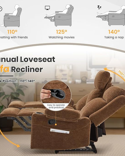 Reclining Sofa Couch,Loveseat Recliner Sofa with Drop Down Table/ 4 Cup Holder/Hidden Storage, Wall Hugger Recliner Sofa for Living Room & Home Theater & RV(Brown)