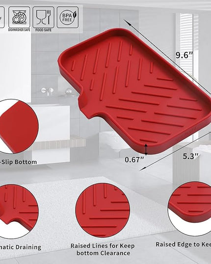 Silicone Bathroom Soap Dishes with Drain Spout-Bathroom and Kitchen Sink Organizer,Sponge Holder,Dish Soap Tray,Perfect for Dispenser,Scrubber,Bottle,Cup on Sink or Counter-Red 9.6"×5.3"