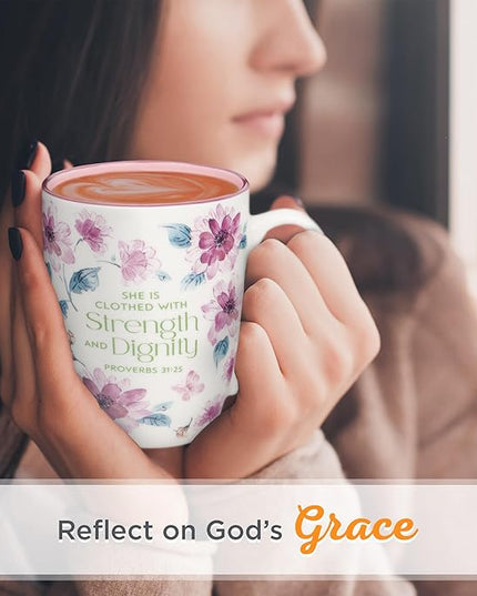 Christian Art Gifts Inspirational Ceramic Coffee & Tea Mug for Women: Strength & Dignity Encouraging Bible Verse Proverb, Microwave & Dishwasher Safe Drinkware, White, Pink & Fuchsia Floral, 12 oz.