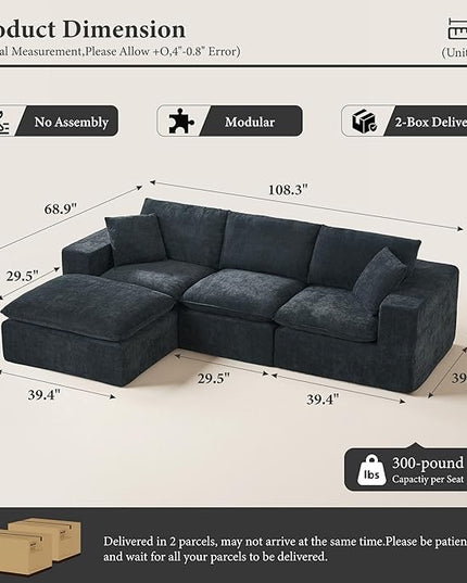 110" Sectional Couches for Living Room Boneless Couch Upholstered Cloud Couchs Sectional Modular Sectional Sofa with L Shaped