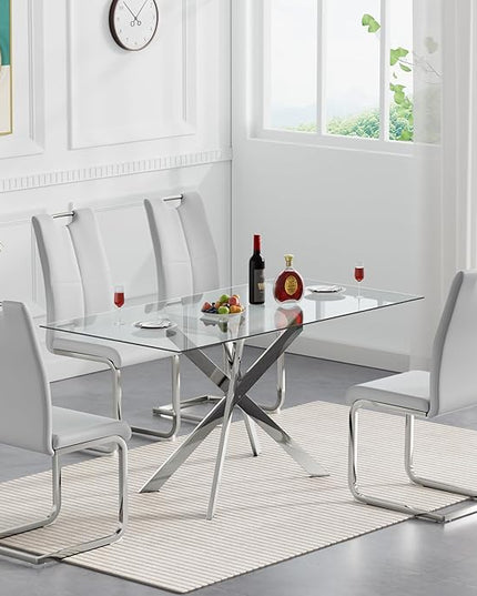 HomVent 5 Pieces Rectangular Glass Dining Table Table Set, Glass Kitchen Table Set for 4 with 4 PU Dining Chairs for Kitchen Dining Room
