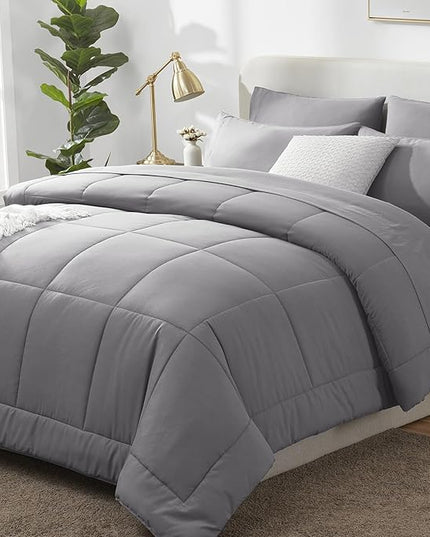 CozyLux Full Size Comforter Sets Grey, 7 Pieces Bed in a Bag, Gray Comforter Full Size, All Season Bedding Sets with Stitch Quilted Comforter, Flat Sheet, Fitted Sheet, Pillowcases