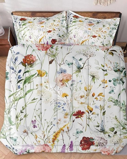 Full Size Comforter Set with 2 Pillowcases, Wildflower Flower Floral 3 Pcs Bedding for Kids and Adults, Boho Watercolor Butterfly Soft Comforter Set for Bedroom Bed Decor