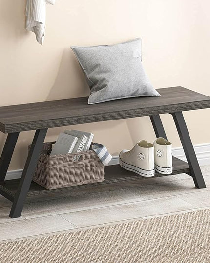 LVB Storage Bench, Industrial Indoor Entryway Bench, Wood Metal Hallway Accent Bench for Sitting, Rustic Shoe Rack Organizer Cabinet in Foyer Bedroom Living Room, Dark Gray Oak, 47 Inch Long