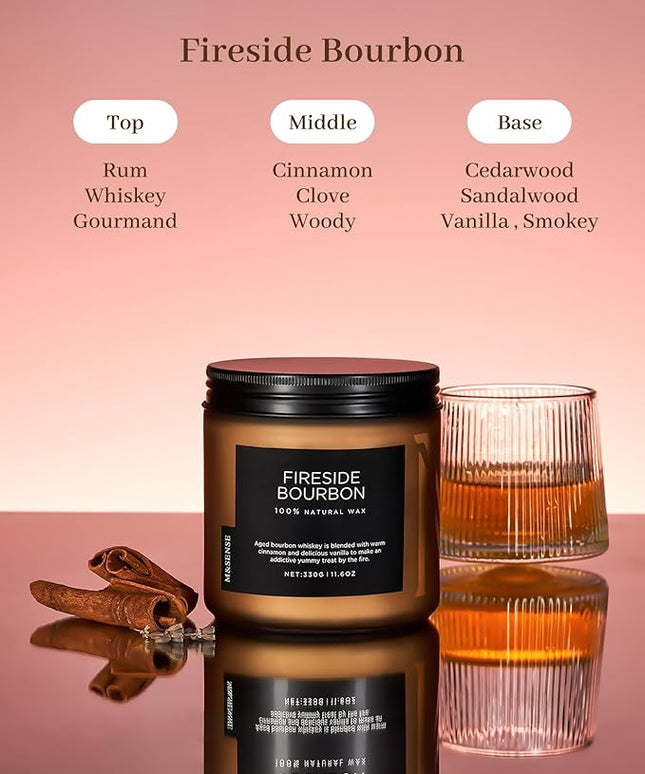 M&SENSE Fireside Bourbon Jar Candle, 11.6oz Clean Soy Wax Up to 70 Hours Burn Time Smoky Scent 2 Wick Cotton Fall Campfire Scented Candle for Home Decor Housewarming Gifts for Bathroom Office
