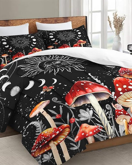 King Size Comforter Set with 2 Pillowcases, Sun Moon Boho Mushroom 3 Pcs Bedding for Kids and Adults, Astrology Tarot Witch Soft Comforter Set for Bedroom Bed Decor