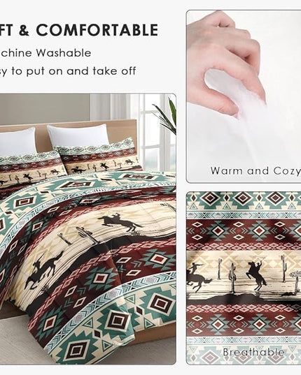 King Size Comforter Set with 2 Pillowcases, Tribal Cowboy Horses 3 Pcs Bedding for Kids and Adults, Retro Vintage Western Soft Comforter Set for Bedroom Bed Decor