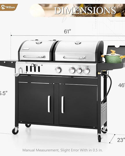 Sophia & William Charcoal and Propane Gas Grill Combo with Side Burner & Porcelain-Enameled Cast Iron Grate, Dual Fuel BBQ Grill for Outdoor, Barbecue Grill, 690 SQIN Cooking Area