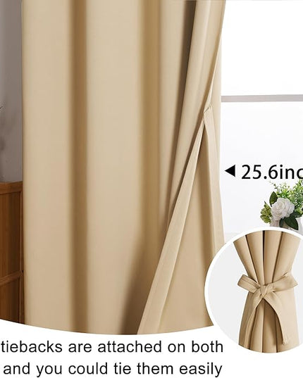 JIUZHEN Beige Blackout Curtains with Tiebacks - Thermal Insulated, Light Blocking and Noise Reducing Grommet Curtain Drapes for Bedroom and Living Room, Set of 2 Panels, 38 x 54 Inch Length