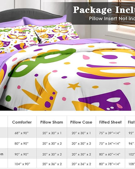 Comforter Set King Size, Happy Purple Gold Mask 7 Pcs Bedding for Kids and Adults, Mardi Carnival Party Bed Sheet Sets with Fitted Sheet 2 Pillowcases & 2 Shams for Bedroom Bed Decor