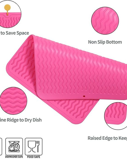 Silicone Dish Drying Mat for Multiple Usage,Easy clean,Eco-friendly,Heat-resistant Silicone Mat for Kitchen Counter or Sink,Refrigerator or drawer liner Rose L 16 inches x 12 inches