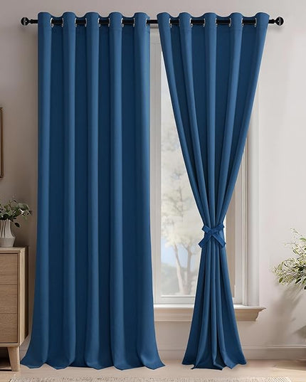 JIUZHEN Blackout Curtains with Tiebacks-Thermal Insulated, Light Blocking and Noise Reducing Grommet Curtain Drapes for Bedroom/Living Room, Set of 2 Curtain Panels, 60x96 Inch Length, Classic Blue