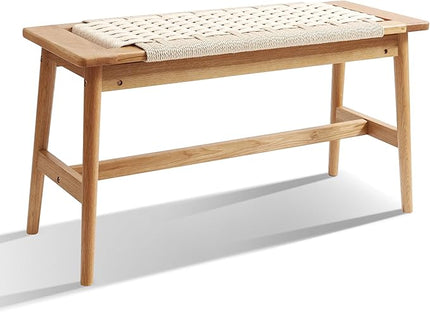OGMILL 33.5" L Wood Dining Bench Indoor, 100% Natural Solid Oak Bed Bench Hand Woven Enterway Bench Small Bench for Dining Room, Bedroom, Kitchen (Creamy White)