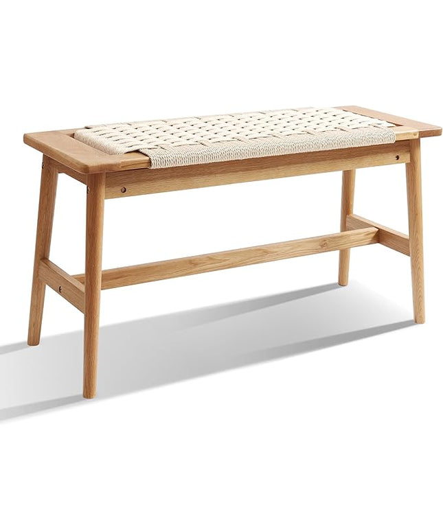 OGMILL 33.5" L Wood Dining Bench Indoor, 100% Natural Solid Oak Bed Bench Hand Woven Enterway Bench Small Bench for Dining Room, Bedroom, Kitchen (Creamy White)
