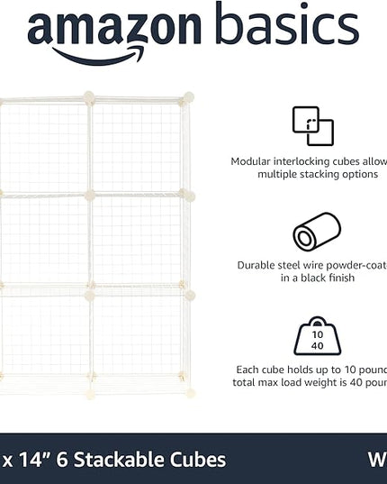 Amazon Basics 6 Cube Wire Grid Storage Shelves, Stackable Cubes, White, 14.6" D x 30.3" W x 44.8" H