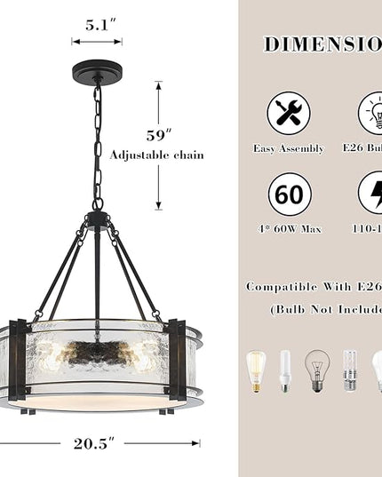 4-Light Black Texture Glass Drum Chandelier, 20.5" Modern Luxury Round Light Fixture for Dining Room Bedroom Foyer Living Room Entryway Kitchen
