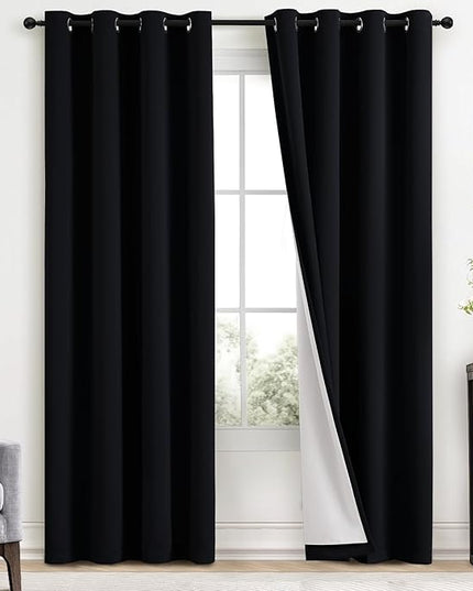 Yakamok 100% Blackout Curtains Black Room Darkening Thermal Insulated Window Curtain with 2 Thick Layers-Set of 2 Panels Grommet Top Drapes for Bedroom Living Room 52 Inches by 96 Inches Length