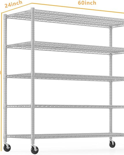 Himimi 60" W Storage Shelves, 5-Tier Wire Shelving with Wheels 3250LBS Heavy Duty Metal Shelves for Storage, Adjustable Wire Rack Shelving for Garage Kitchen Pantry 24" Dx60 Wx82 H, Silver