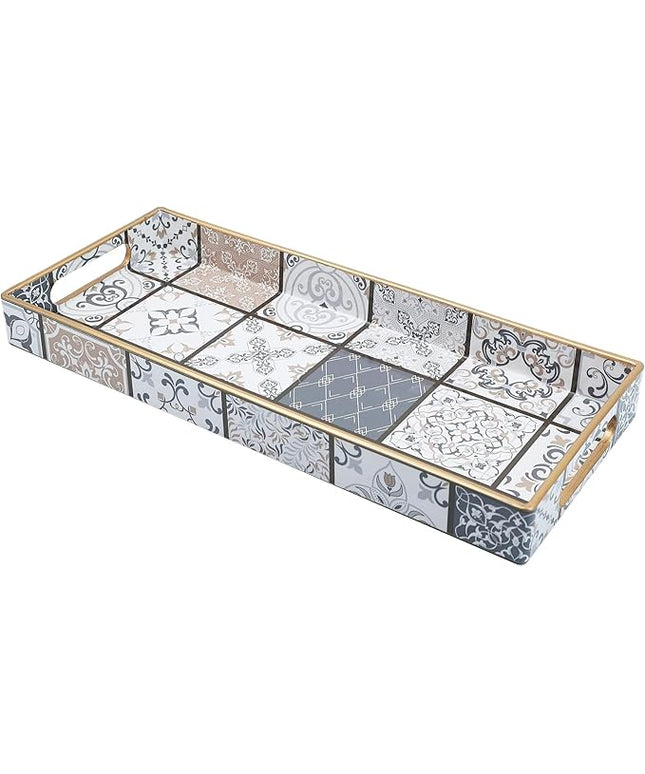 Bathroom Vanity Tray for Countertop, Small Plastic Toilet Tank Tray Versatile Storage & Organization Tray for Makeup, Perfume, Desk, Kitchen, Candles, 13.7"x6"x1.4", 35Boho3