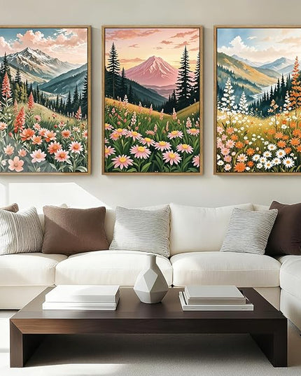ANHUIB Extra Large Wildflower Wall Art Boho Wildflower Wall Decor 24x36 Inch Colorful Mountain Wall Art Set of 3 for Living Room Bedroom Dining Room
