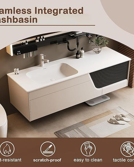 44IN Suspended Bathroom Vanity - Modern Bathroom Vanity with Sink with LED Defogging Mirror & Multifunctional Storage Rack & Large Storage Space & Time Display Function