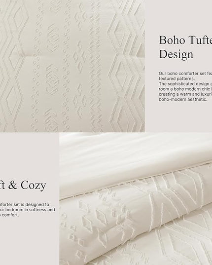 Full Size Comforter Set White, Tufted Boho Bedding Farmhouse Bed Set, All Season 7 Pieces Bed in a Bag with Sheets, Pillowcases & Shams