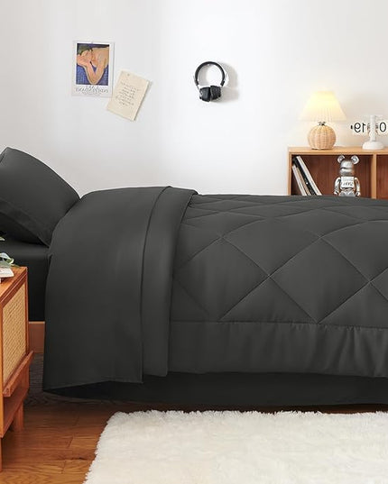 CozyLux Twin Comforter Set with Sheets Dark Grey - 5 Pieces Bed in a Bag Twin, All Season Bed Set for Girls and Boys, Bedding Set with Down Alternative Comforter, Sheets, Pillowcase & Sham