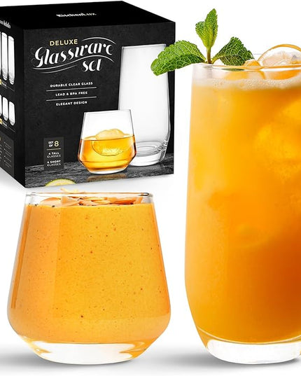 Short & Tall Drinking Glasses Set of 8 - 4 Tall Water Glasses and 4 Short Small Glass Cups Set - Elegant Glass Drinkware - Deluxe Glassware Sets for Highball Sparkling Cocktails, Wine, Beer, Whiskey