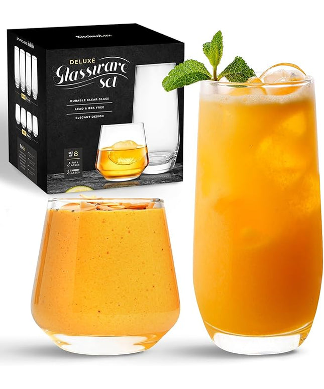 Short & Tall Drinking Glasses Set of 8 - 4 Tall Water Glasses and 4 Short Small Glass Cups Set - Elegant Glass Drinkware - Deluxe Glassware Sets for Highball Sparkling Cocktails, Wine, Beer, Whiskey
