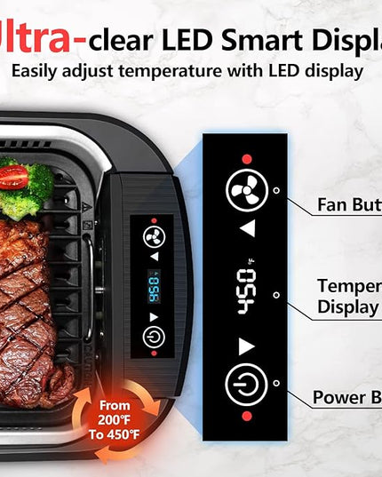 CUSIMAX Indoor Grill, Electric Smokeless Grill, 1500W Korean BBQ Grill, Electric Griddle with LED Smart Display & Tempered Glass Lid, Non-stick Removable Plate & Griddle Plate, Black