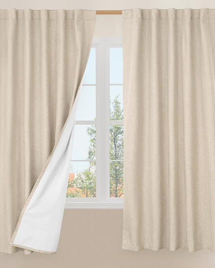 LAMIT 100% Blackout Linen Curtains, 63 Inches Linen Textured Thermal Bedroom Curtains Back Tab and Rod Pocket Neutral Panels with White Liner for Short Windows, 2 Panels, Linen, 42 x 63 Inch