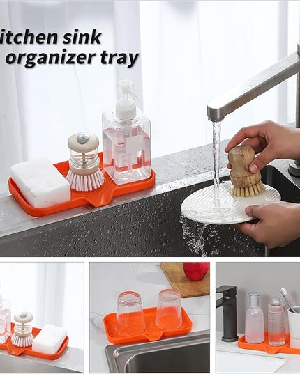 Silicone Bathroom Soap Dishes with Drain Spout-Bathroom and Kitchen Sink Organizer,Sponge Holder,Dish Soap Tray,Perfect for Dispenser,Scrubber,Bottle,Cup on Sink or Counter-Orange 9.6"×5.3"