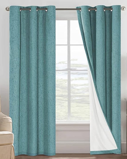 H.VERSAILTEX Primitive Linen Curtains 100% Blackout Curtain Drapes Burlap Fabric Curtains with White Thermal Insulated Liner, Grommet Top Drapes Living Room/Bedroom (2 Panels, 42 x 84 Inch, Teal)